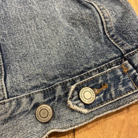 Lucky Brand Jean Jacket Tomboy Trucker Button Front Distressed Women Size Large - Picture 12 of 13